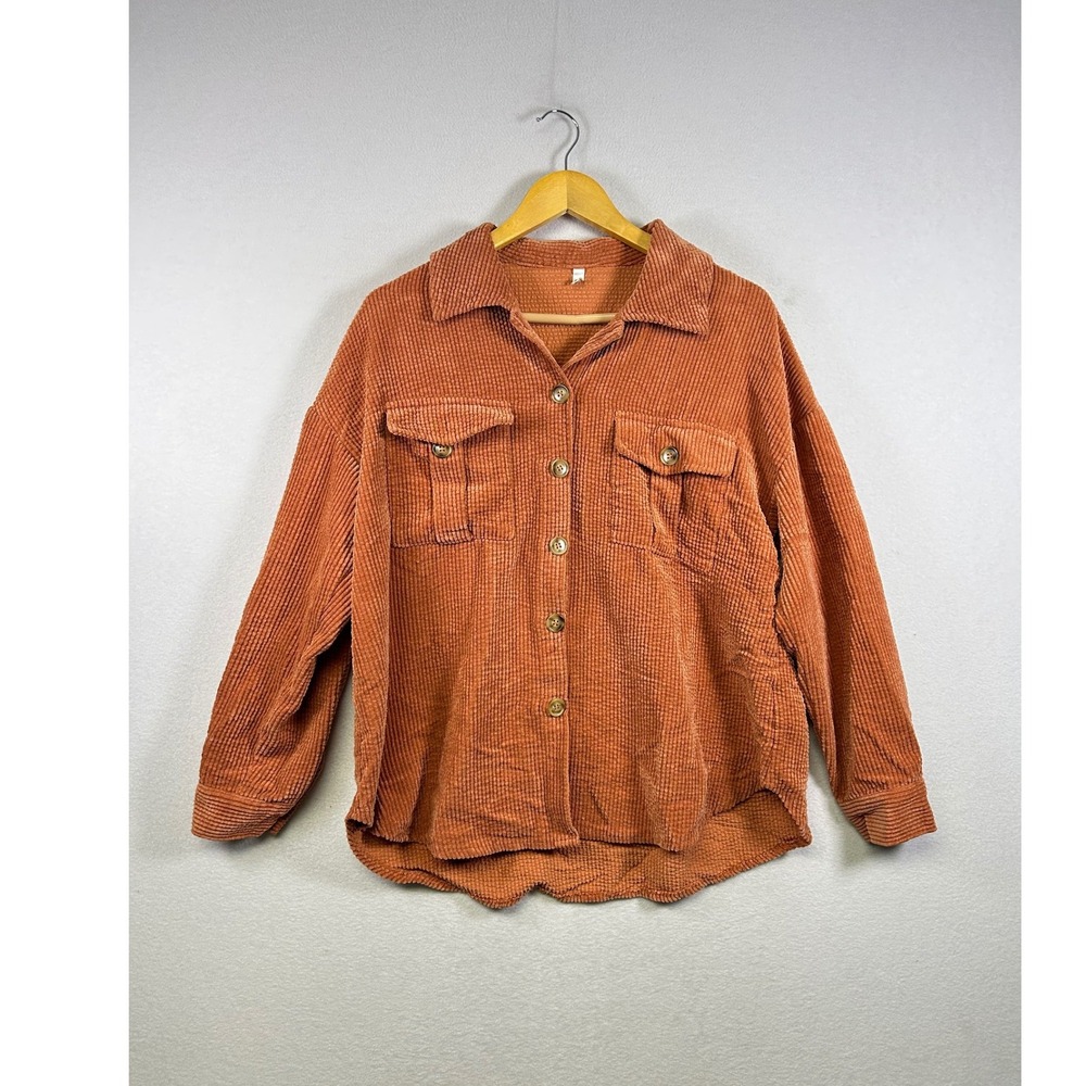 Beyove Corduroy Shirt Womens Large L‎ Rust Orange Shacket Button Down Long Slv